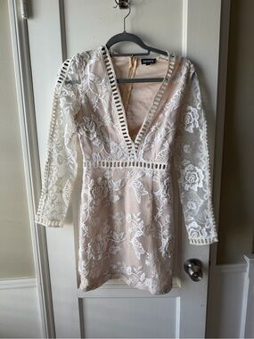 Missguided Long Sleeve Blush Mini Dress with White Lace Overlay